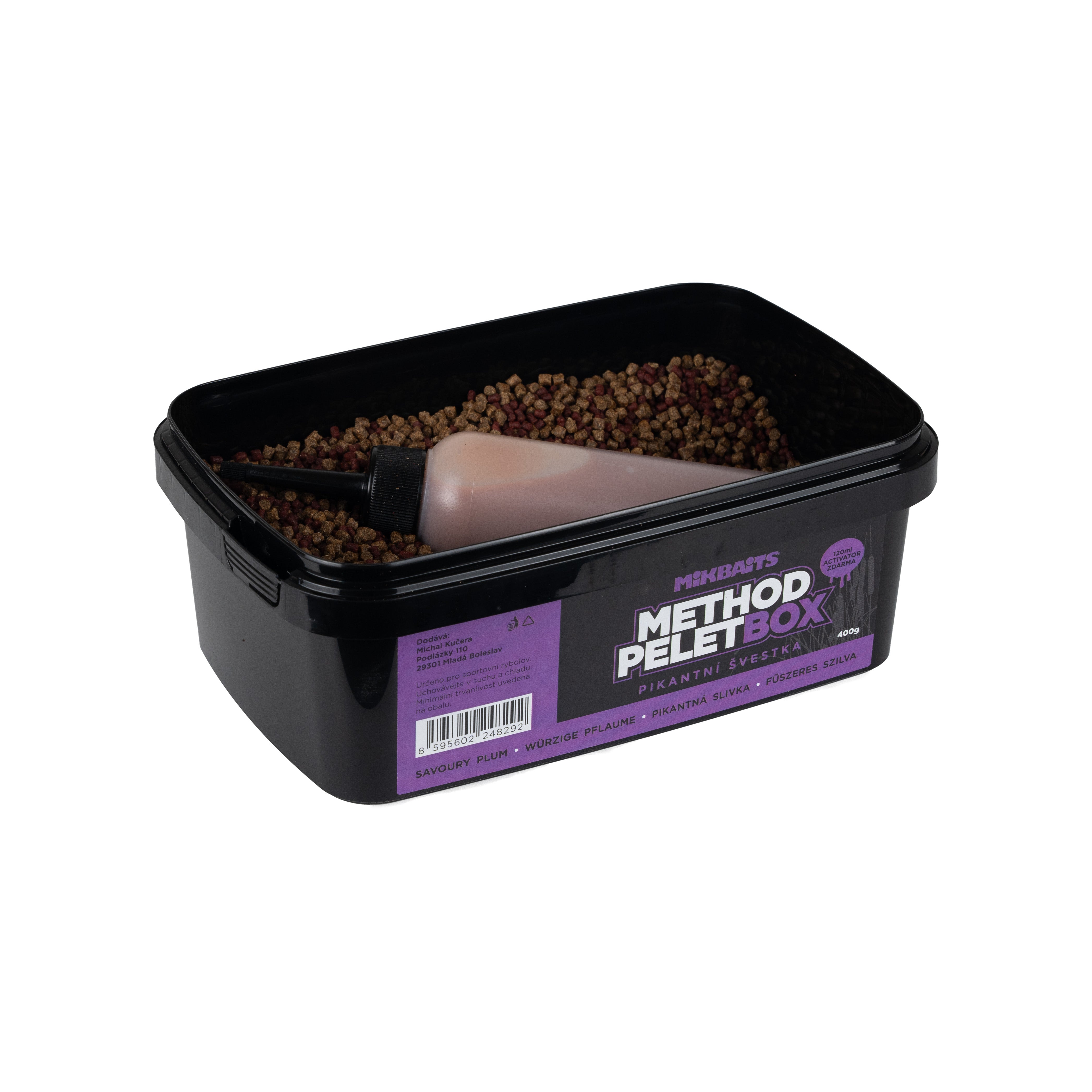 Mikbaits Method pelet box 400g + 120ml Activator Pikantní švestka